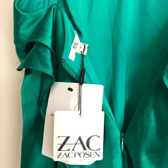 NWT Zac Posen Green emerald satin ruffle long dress - Picture 6 of 7